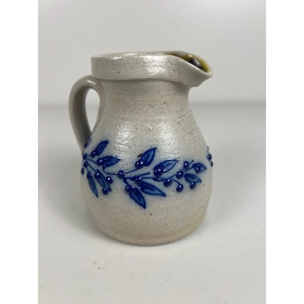 Salmon Falls Stoneware 2001 Small Pitcher Creamer Blue Berry Vine Salt Glazed NH